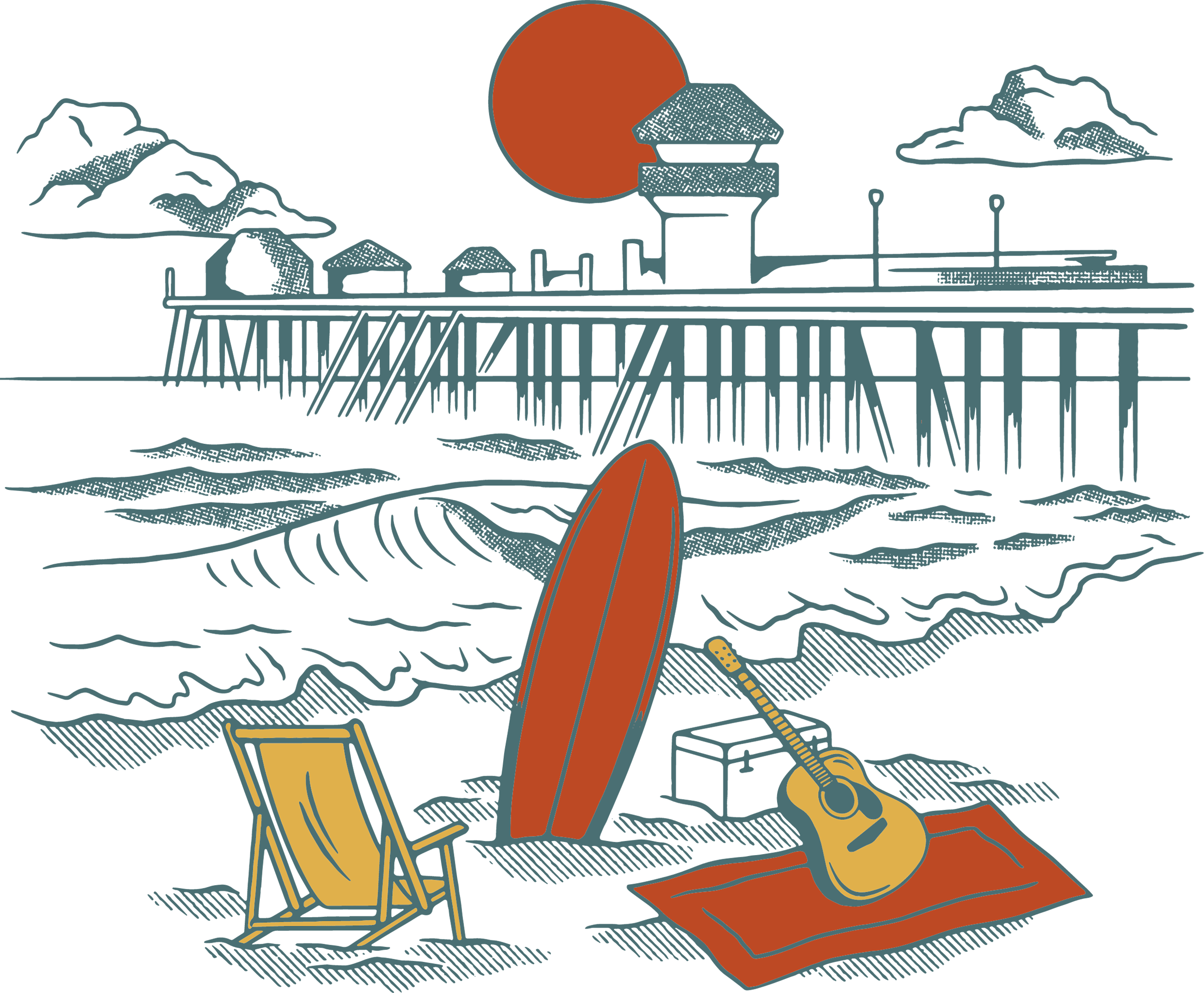 Oiseaux et jetée en arrière-plan sur la plage avec une guitare